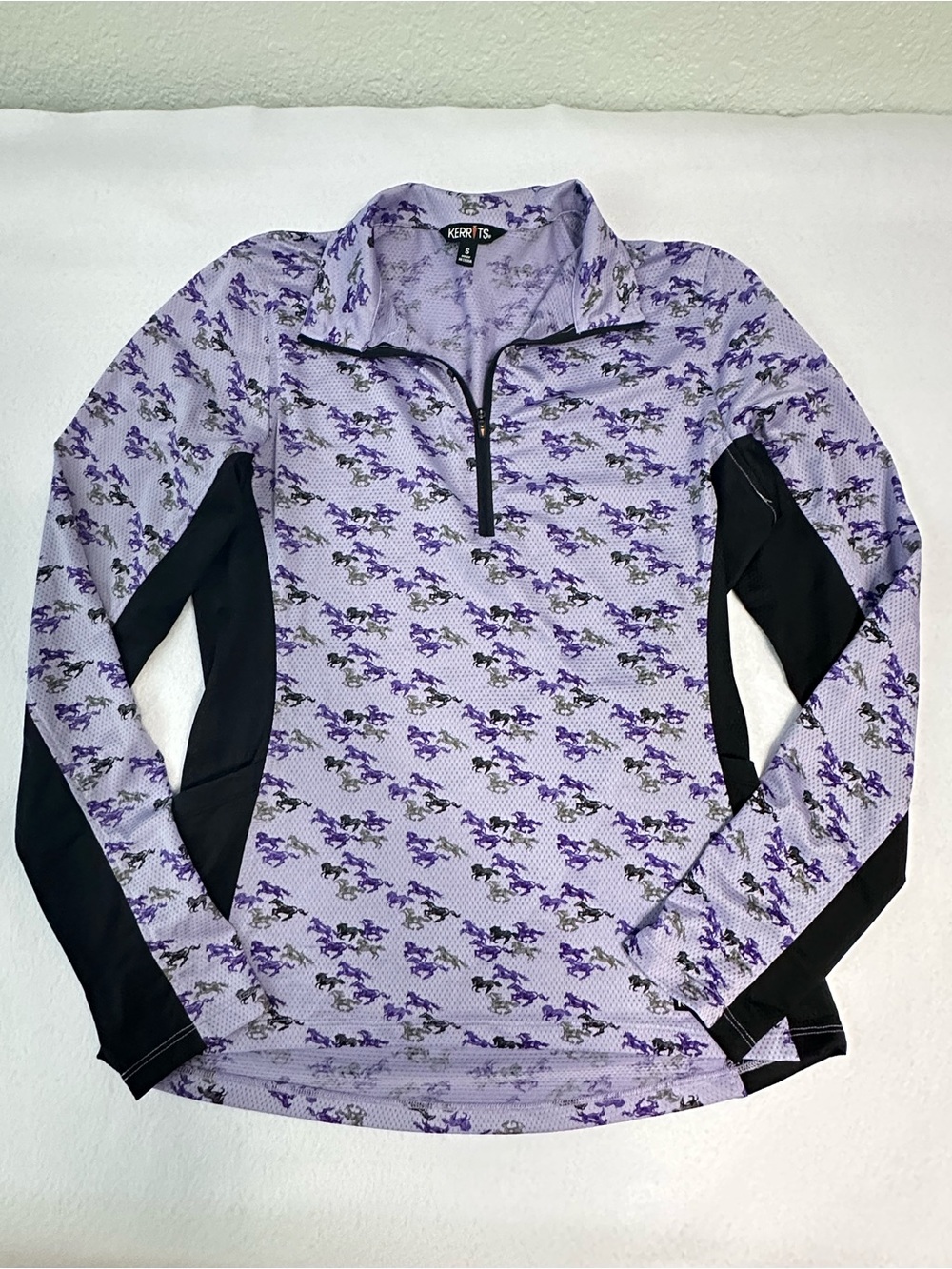 Kerrits EquiBreeze Ice Fil Riding Shirt Women Sz S Violet Run Free Horse Print